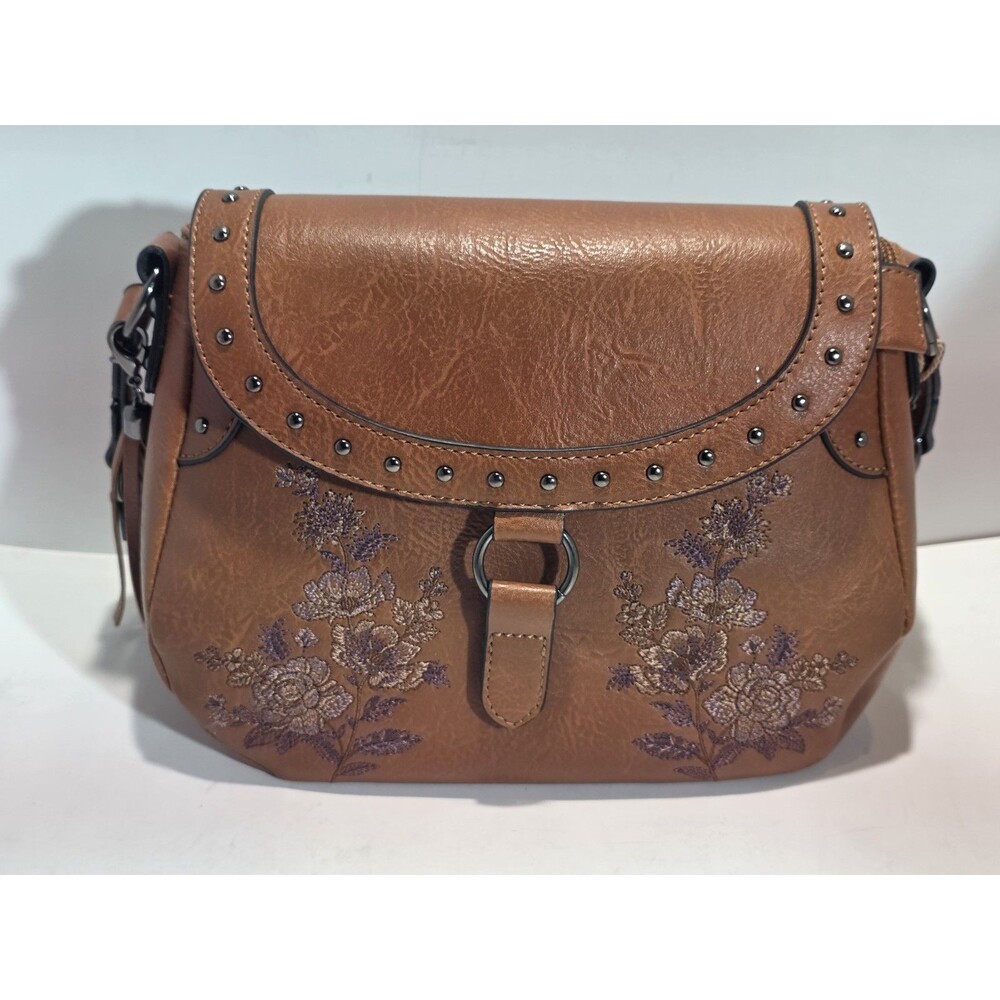 Sam & Hadley Brown Studded Shoulder Bag  Floral Stitch Pattern